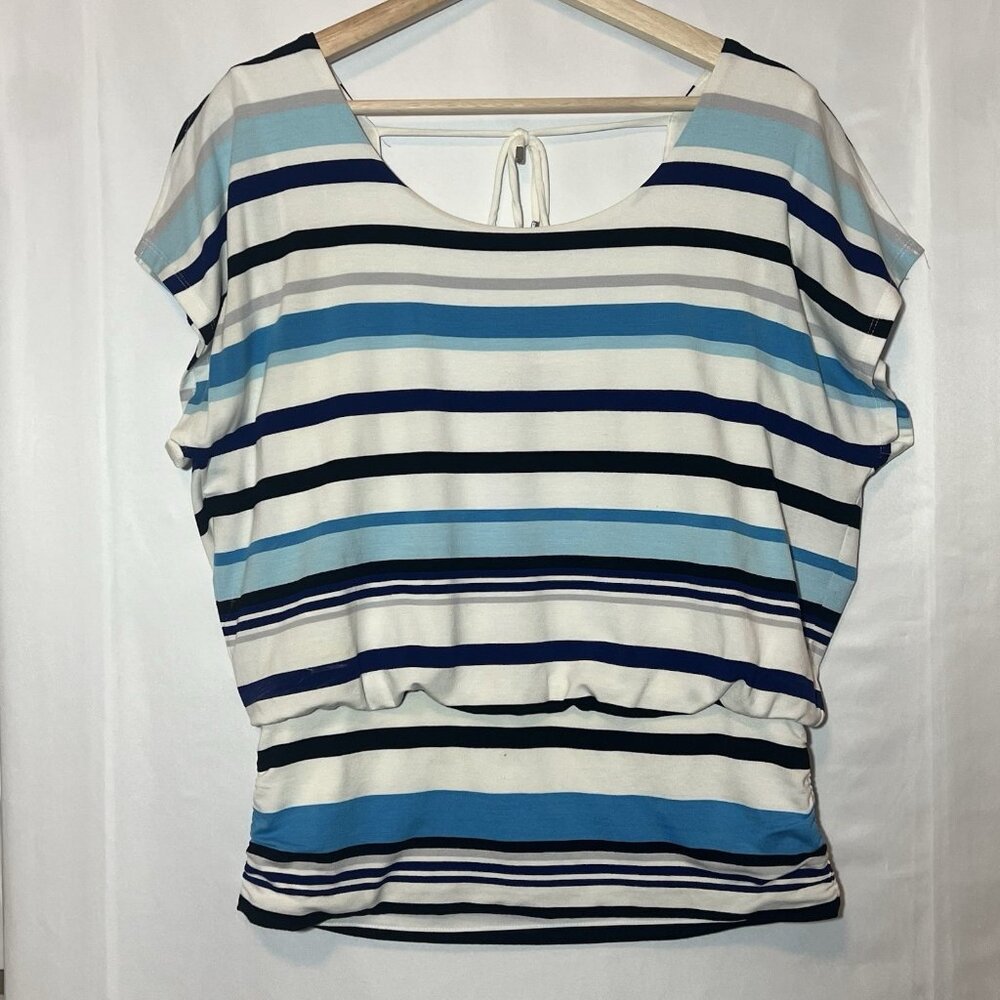 White House Black House Women Top Medium Size Blue Stripes Stretch Short Sleeve